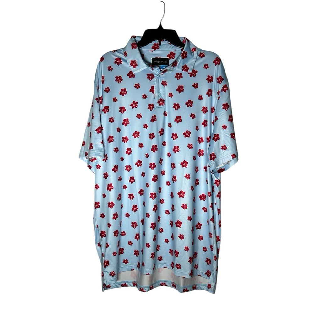 eTonic Golf Performance Collared‎ (Polo) Shirt Men 2XL Baby Blue w Red Floral
